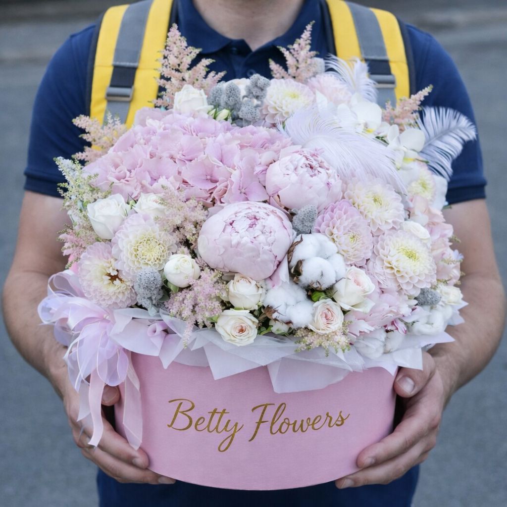 Cutie florală pastel cu hortensie și bujor